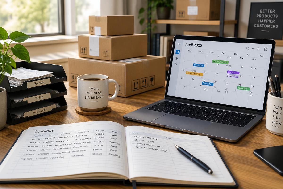 Small-business desk with an open invoice book, laptop calendar, and shipping boxes